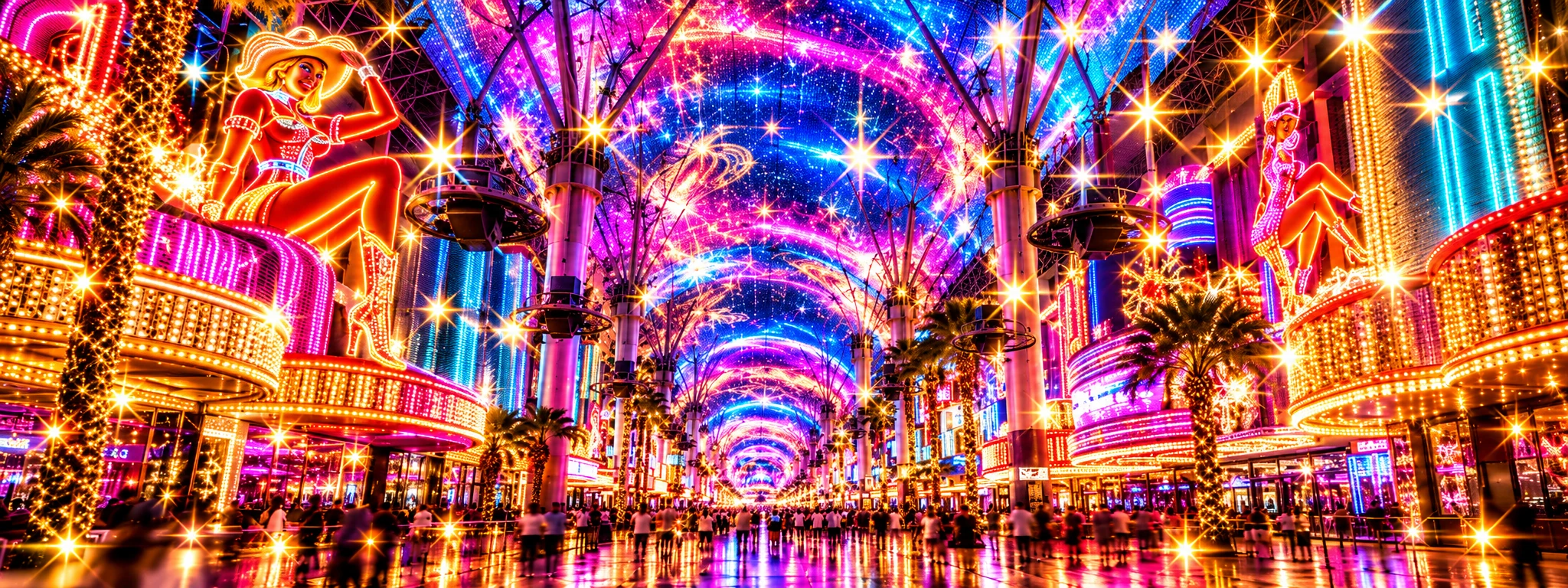 Fremont Street Experience glowing with neon lights at night